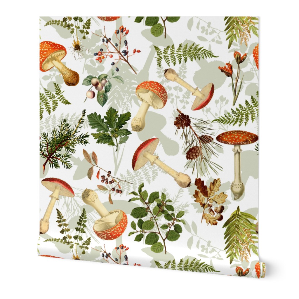 18" Autumn Harvest in the forest - double layer on white-Antique mushroom fabric,mushrooms fabric Dramatic Psychadelic  Mushroom Wallpaper