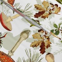 18" Autumn Harvest in the forest - double layer on white-Antique mushroom fabric,mushrooms fabric Psychadelic  Mushroom Wallpaper