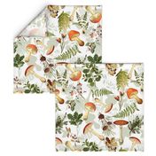 18" Autumn Harvest in the forest - double layer on white-Antique mushroom fabric,mushrooms fabric Psychadelic  Mushroom Wallpaper