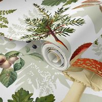 18" Autumn Harvest in the forest - double layer on white-Antique mushroom fabric,mushrooms fabric Dramatic Psychadelic  Mushroom Wallpaper