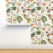 18" Autumn Harvest in the forest - double layer on white-Antique mushroom fabric,mushrooms fabric Psychadelic  Mushroom Wallpaper