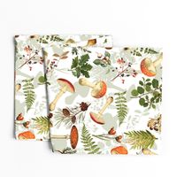 18" Autumn Harvest in the forest - double layer on white-Antique mushroom fabric,mushrooms fabric Psychadelic  Mushroom Wallpaper