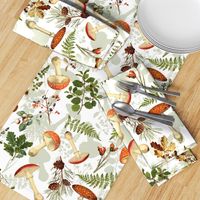 18" Autumn Harvest in the forest - double layer on white-Antique mushroom fabric,mushrooms fabric Psychadelic  Mushroom Wallpaper