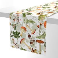 18" Autumn Harvest in the forest - double layer on white-Antique mushroom fabric,mushrooms fabric Psychadelic  Mushroom Wallpaper