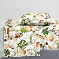 18" Autumn Harvest in the forest - double layer on white-Antique mushroom fabric,mushrooms fabric Psychadelic  Mushroom Wallpaper