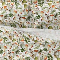 18" Autumn Harvest in the forest - double layer on white-Antique mushroom fabric,mushrooms fabric Psychadelic  Mushroom Wallpaper