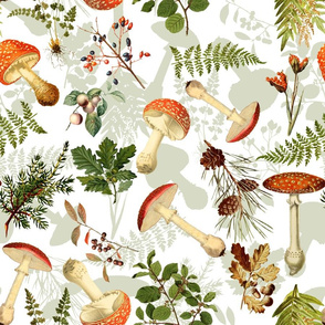 18" Autumn Harvest in the forest - double layer on white-Antique mushroom fabric,mushrooms fabric Psychadelic  Mushroom Wallpaper