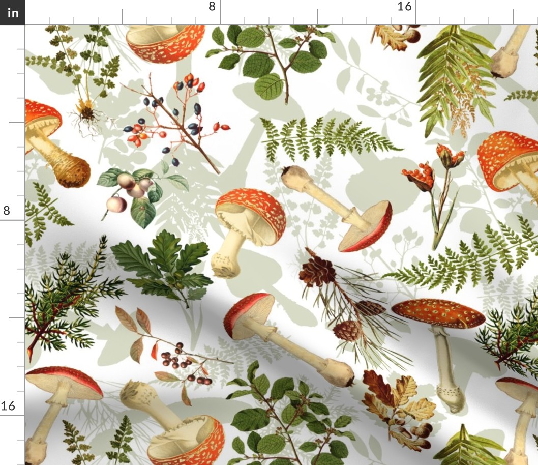 18" Autumn Harvest in the forest - double layer on white-Antique mushroom fabric,mushrooms fabric Psychadelic  Mushroom Wallpaper