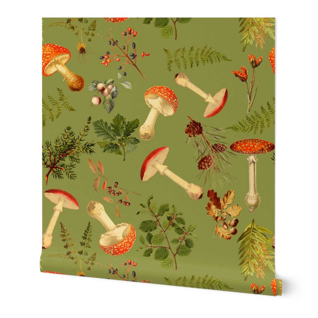 10" Autumn Harvest in the forest on green -Antique mushroom fabric,mushrooms fabric Psychadelic  Mushroom Wallpaper