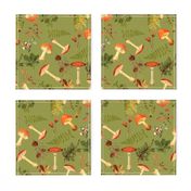 10" Autumn Harvest in the forest on green -Antique mushroom fabric,mushrooms fabric Psychadelic  Mushroom Wallpaper