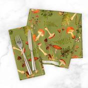 10" Autumn Harvest in the forest on green -Antique mushroom fabric,mushrooms fabric Psychadelic  Mushroom Wallpaper