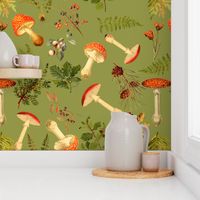 10" Autumn Harvest in the forest on green -Antique mushroom fabric,mushrooms fabric Psychadelic  Mushroom Wallpaper