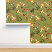 10" Autumn Harvest in the forest on green -Antique mushroom fabric,mushrooms fabric Psychadelic  Mushroom Wallpaper