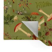 10" Autumn Harvest in the forest on green -Antique mushroom fabric,mushrooms fabric Psychadelic  Mushroom Wallpaper