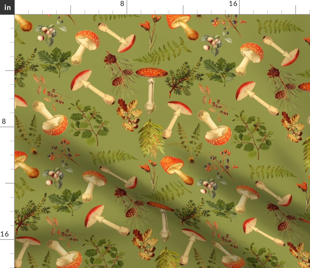 10" Autumn Harvest in the forest on green -Antique mushroom fabric,mushrooms fabric Psychadelic  Mushroom Wallpaper