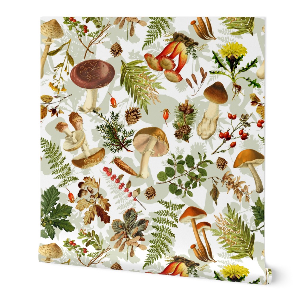 21" Nostalgic Autumn Thanksgiving in the forest - double on white-Antique mushroom fabric,mushrooms fabric Psychadelic  Mushroom Wallpaper