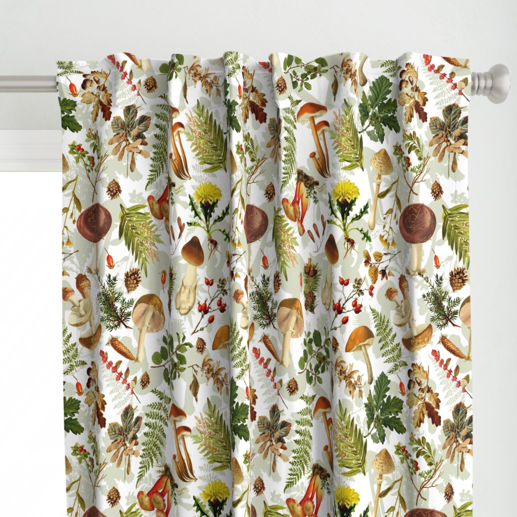 21" Nostalgic Autumn Thanksgiving in the forest - double on white-Antique mushroom fabric,mushrooms fabric Psychadelic  Mushroom Wallpaper