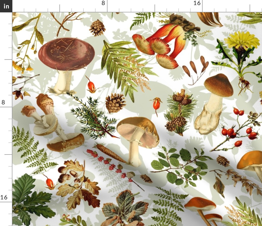 21" Nostalgic Autumn Thanksgiving in the forest - double on white-Antique mushroom fabric,mushrooms fabric Psychadelic  Mushroom Wallpaper