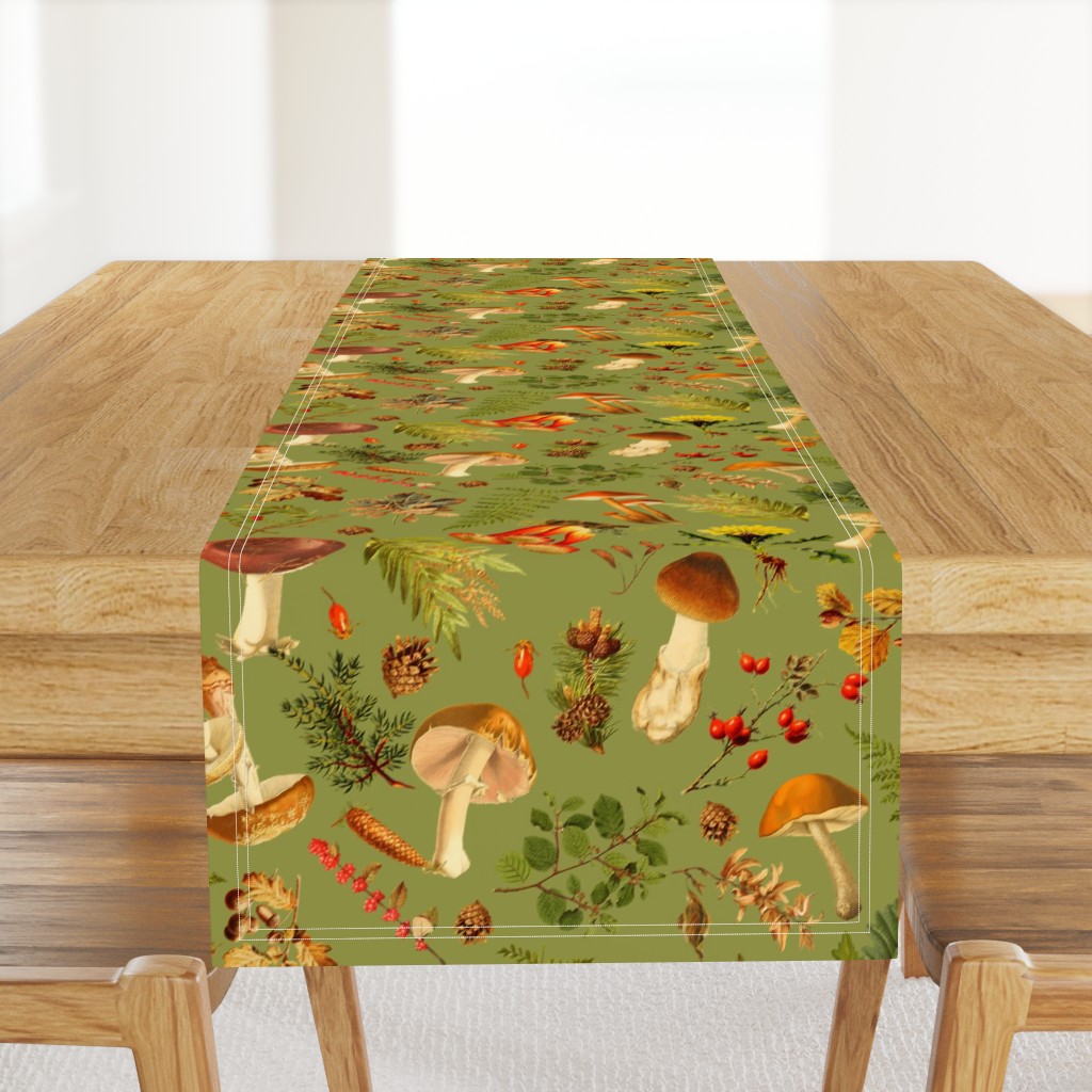 18" Thanksgiving in the Forest on green-Antique mushroom fabric,mushrooms fabric Psychadelic  Mushroom Wallpaper