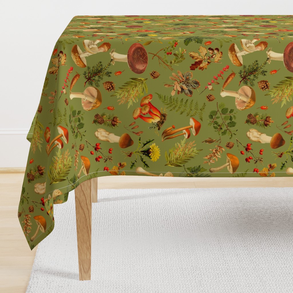 18" Thanksgiving in the Forest on green-Antique mushroom fabric,mushrooms fabric Psychadelic  Mushroom Wallpaper