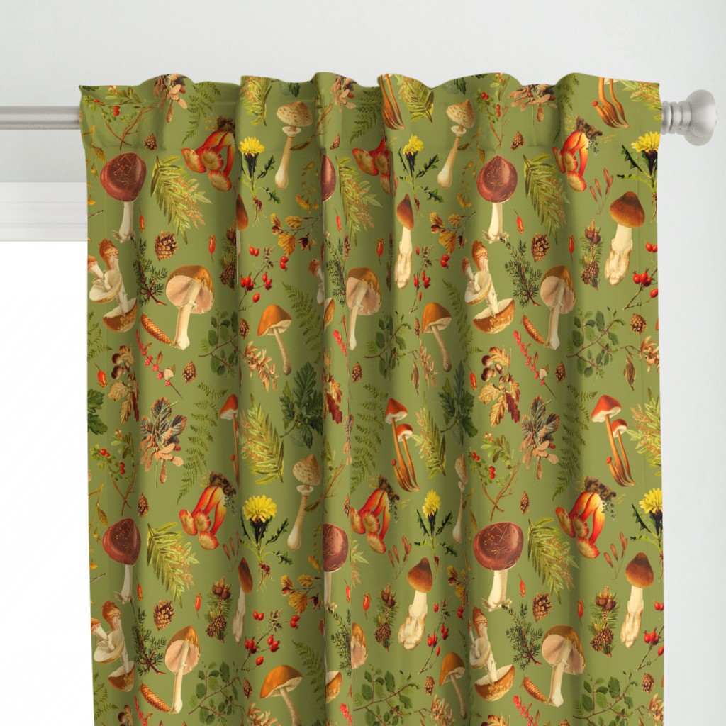 18" Thanksgiving in the Forest on green-Antique mushroom fabric,mushrooms fabric Psychadelic  Mushroom Wallpaper