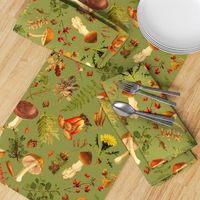 18" Thanksgiving in the Forest on green-Antique mushroom fabric,mushrooms fabric Psychadelic  Mushroom Wallpaper