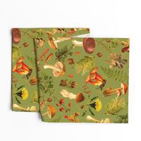 18" Thanksgiving in the Forest on green-Antique mushroom fabric,mushrooms fabric Psychadelic  Mushroom Wallpaper