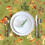 18" Thanksgiving in the Forest on green-Antique mushroom fabric,mushrooms fabric Psychadelic  Mushroom Wallpaper