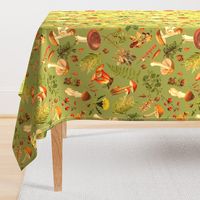 18" Thanksgiving in the Forest on green-Antique mushroom fabric,mushrooms fabric Psychadelic  Mushroom Wallpaper