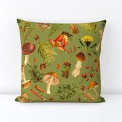 18" Thanksgiving in the Forest on green-Antique mushroom fabric,mushrooms fabric Psychadelic  Mushroom Wallpaper