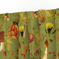 18" Thanksgiving in the Forest on green-Antique mushroom fabric,mushrooms fabric Psychadelic  Mushroom Wallpaper