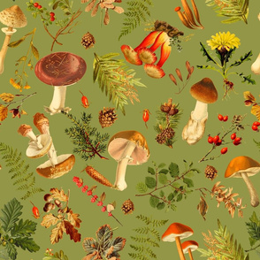 18" Thanksgiving in the Forest on green-Antique mushroom fabric,mushrooms fabric Psychadelic  Mushroom Wallpaper