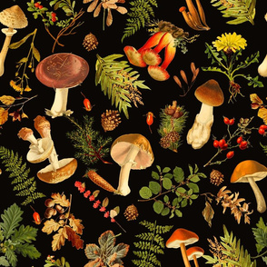 18"  Nostalgic Dark Moody Autumn antiqued Thanksgiving in the forest on black-Antique botany home decor mushroom fabric,mushrooms fabric, kitchen tea towel 