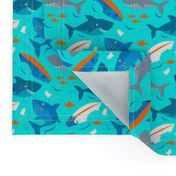 Sharks Surfing Bite Swim Blue Orange and Aqua Blue boys