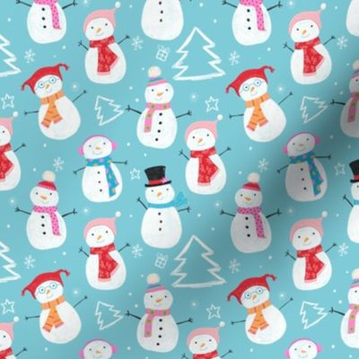 Christmas Holiday Snowmen on soft Blue