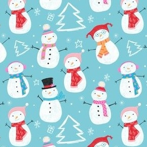 Christmas Holiday Snowmen on soft Blue