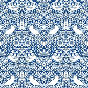 Strawberry Thief by William Morris - LARGE - white  and blue Adapation Antiqued art nouveau deco