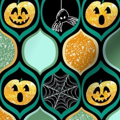 Halloween Pumpkin Jack o Lantern with Spiders and Webs in Teal, Black, Ogee Pattern