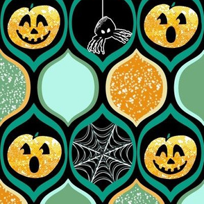 Halloween Pumpkin Jack o Lantern with Spiders and Webs in Teal, Black, Ogee Pattern