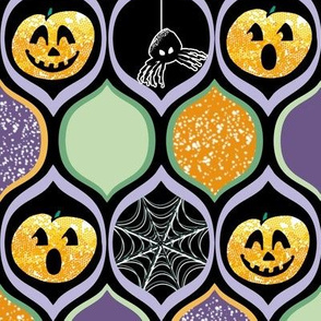 Halloween Pumpkin Jack o Lantern with Spiders and Webs in Purple, Black, Ogee Pattern