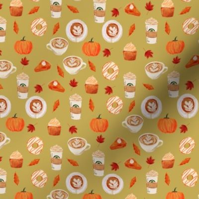 SMALL - watercolor psl - pumpkin spice latte, coffee, latte, pumpkin, fall, autumn fabric - olive