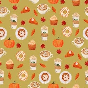 SMALL - watercolor psl - pumpkin spice latte, coffee, latte, pumpkin, fall, autumn fabric - olive