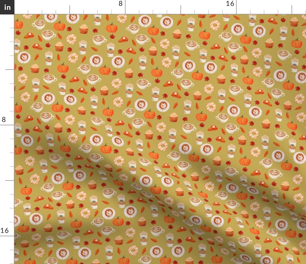 SMALL - watercolor psl - pumpkin spice latte, coffee, latte, pumpkin, fall, autumn fabric - olive