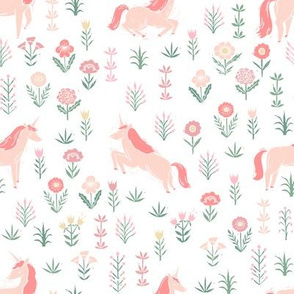 linocut unicorn // flower, floral, linocut, unicorns nursery baby design - cute andrea lauren fabric - white