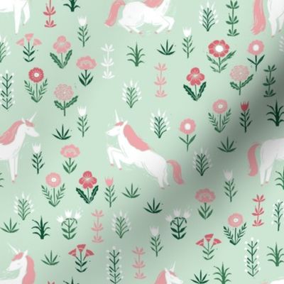 linocut unicorn // flower, floral, linocut, unicorns nursery baby design - cute andrea lauren fabric - mint