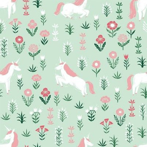 linocut unicorn // flower, floral, linocut, unicorns nursery baby design - cute andrea lauren fabric - mint