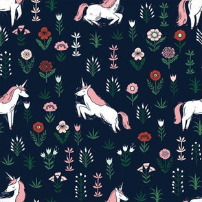 linocut unicorn // flower, floral, linocut, unicorns nursery baby design - cute andrea lauren fabric - dark