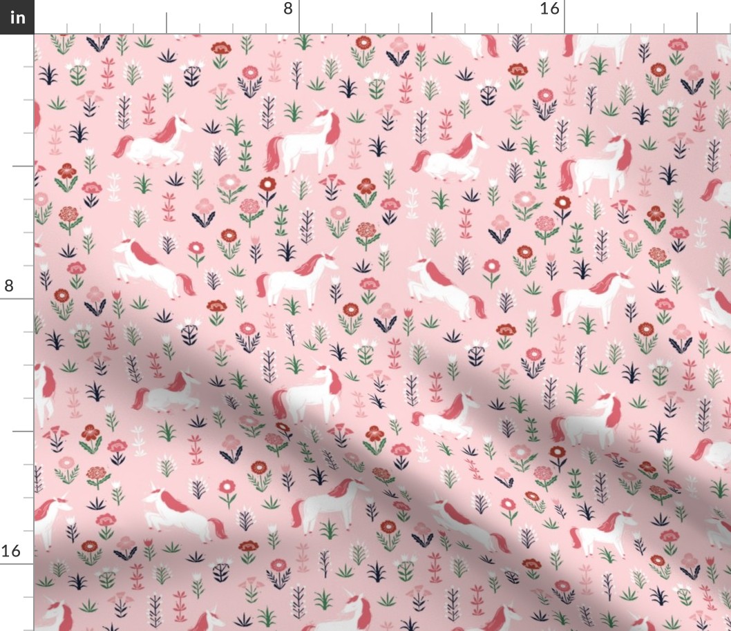 linocut unicorn // flower, floral, linocut, unicorns nursery baby design - cute andrea lauren fabric - pink
