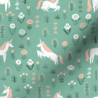 linocut unicorn // flower, floral, linocut, unicorns nursery baby design - cute andrea lauren fabric - green