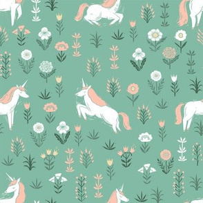 linocut unicorn // flower, floral, linocut, unicorns nursery baby design - cute andrea lauren fabric - green
